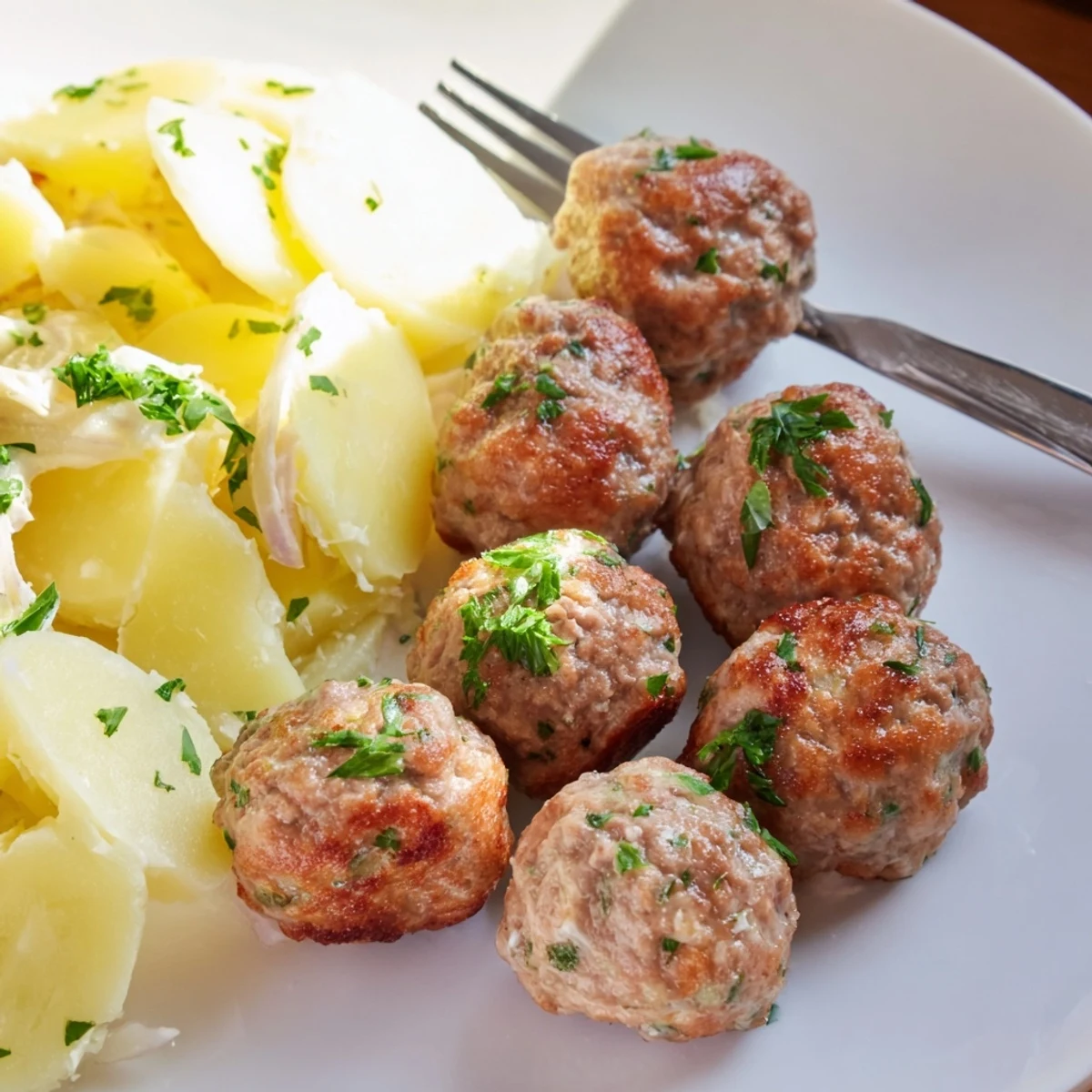 Klassische Fleischbällchen mit zarter Kartoffelsalat, ideal für entspannte Zusammenkünfte.  