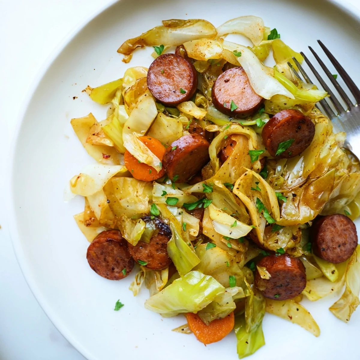 Herzhaftes Cabbage and Sausage Skillet mit saftiger Wurst und zartem Kohl