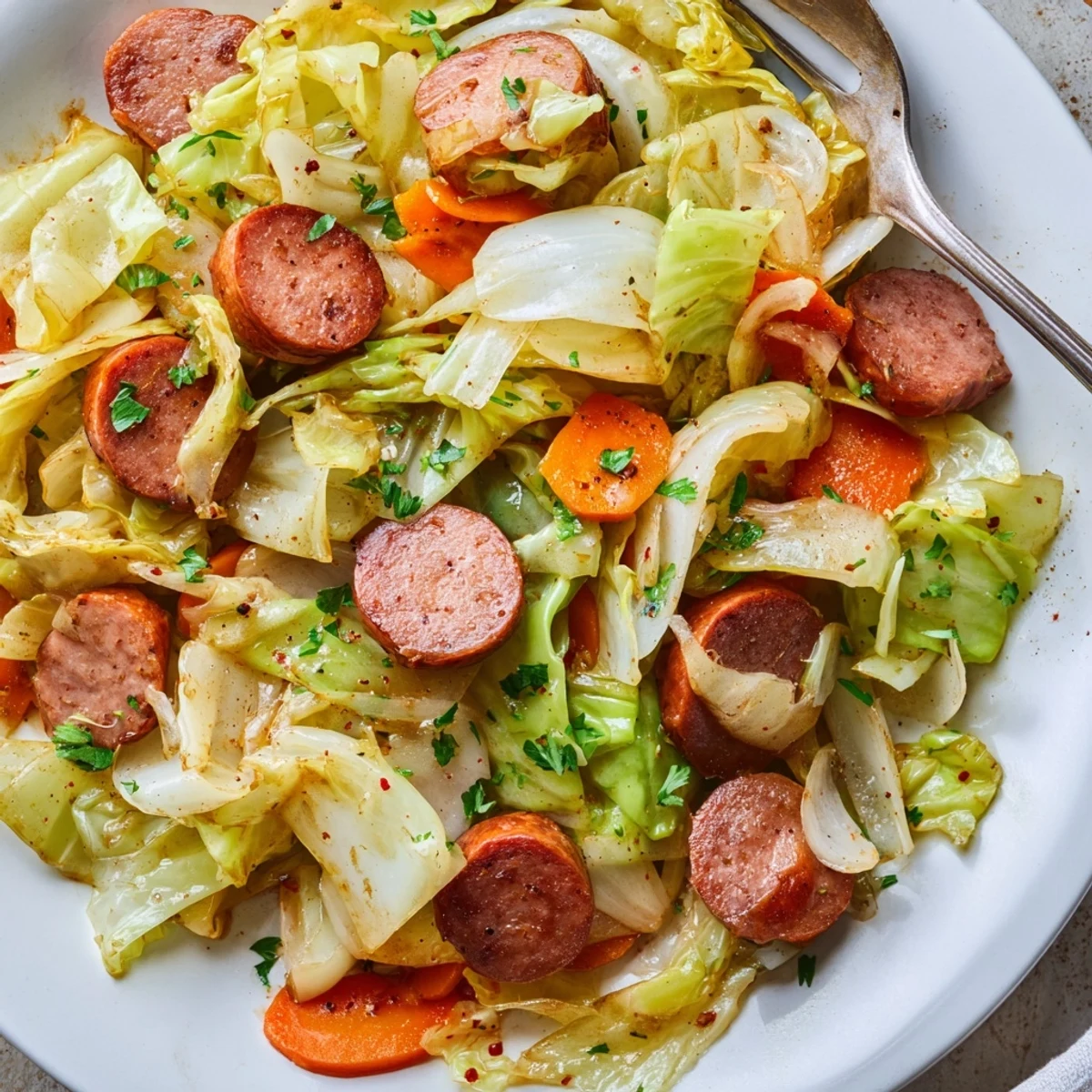 Ein leckeres Cabbage and Sausage Skillet, das schnell in einer Pfanne zubereitet wird