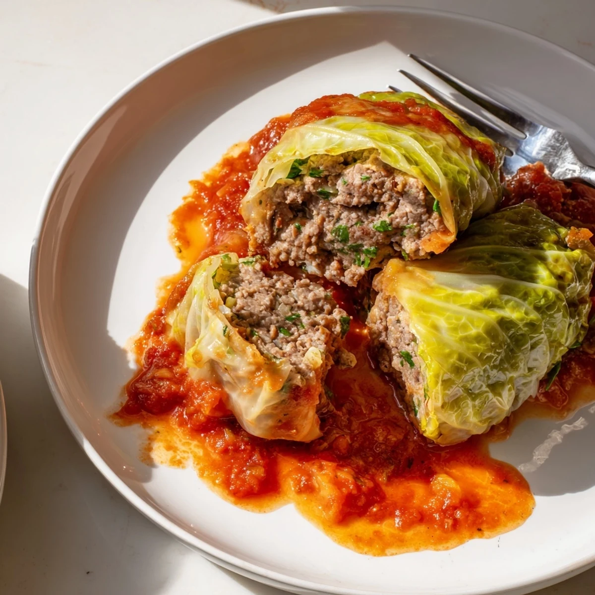 Zarte Kohlblätter gefüllt mit herzhaftem Rind- und Reisgemisch in Tomatensauce.  
