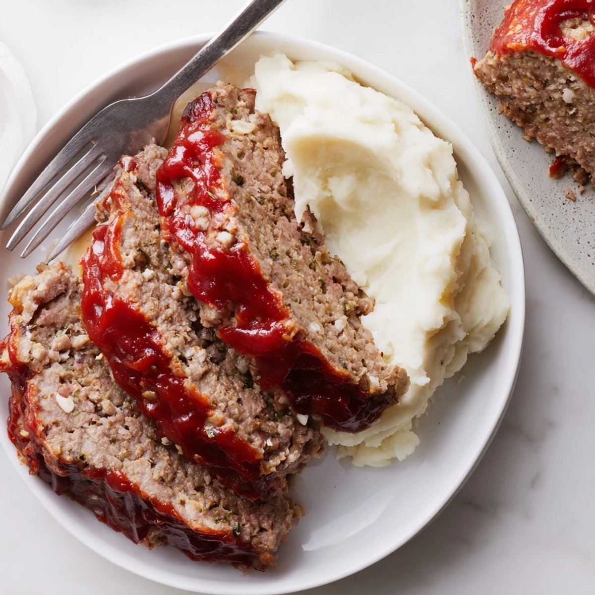 Hausgemachter Meatloaf, überzogen mit süßem Ketchupglanz, serviert mit Kartoffelpüree.