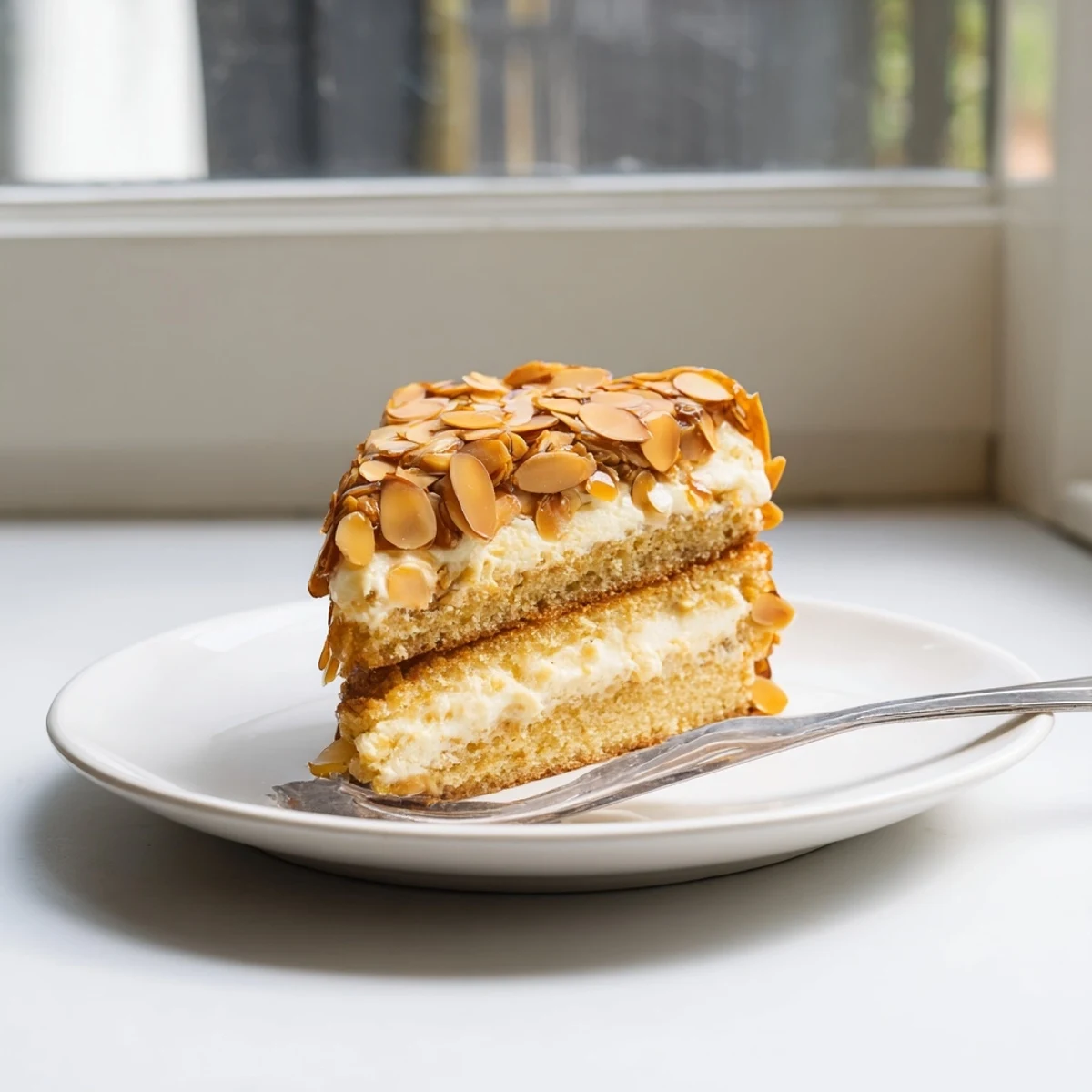 Frisch gebackener Bee Sting Cake mit knusprigem Nuss-Topping und Vanillecreme.