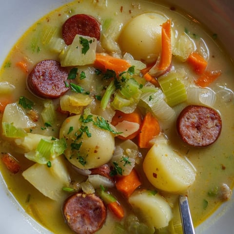 Hearty German potato soup: creamy broth with savory sausage and tender vegetables.
