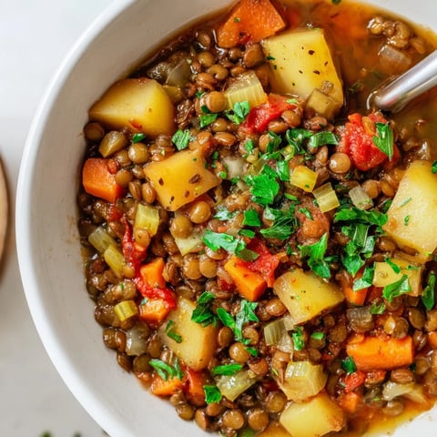Herzhaftes Linsen-Eintopf mit frischen Kräutern und goldbraunem Gemüse.