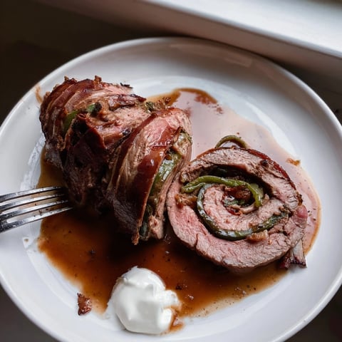 Zarte Rinderrouladen gefüllt mit Speck und Gewürzgurken, serviert in reichhaltiger Sauce.
