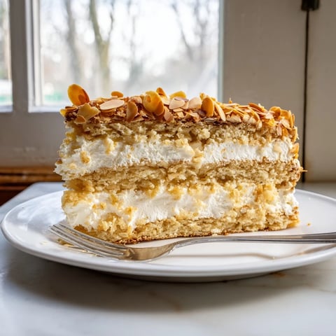 Luxuriöser Bee Sting Cake mit einer cremigen Füllung und gerösteten Mandeln.