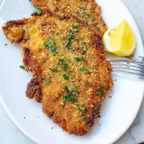 Zartes Schweinekotelett in knuspriger Panade, serviert mit frischen Zitronenspalten.  